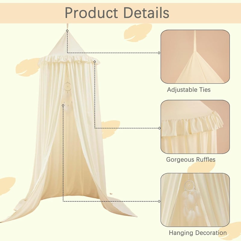 Akiky Kids Bed Canopy for Crib & Twin Size with Ruffles Dreamcatcher, Princess Girls Nursery Room Decor Toddler Baby Dome Round Hanging Tent Curtains Skirt Over Bed Reading Nook Play Tents Ivory - Image 3